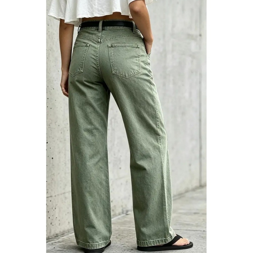 Flamingals Green Seam Front Patch Pocket Mid Rise Wide Leg Pants S 273608 HYL - Picture 3 of 7